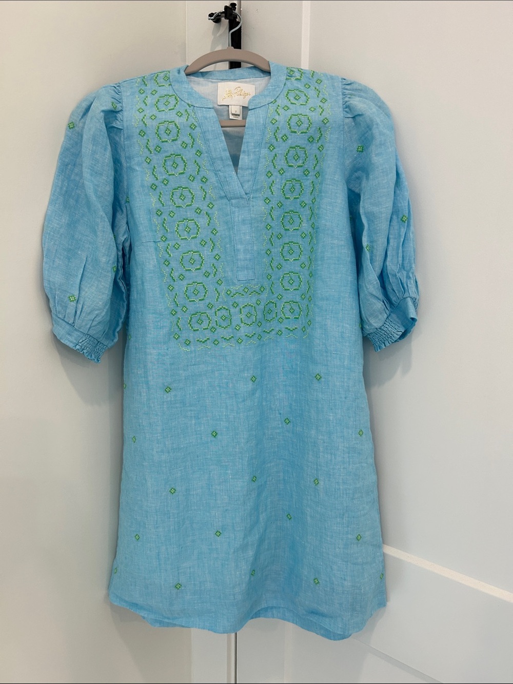 Lilly Pulitzer Light Blue Linen Dress with Green Embroidery